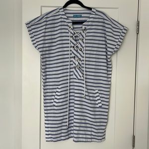 White and blue stripped swimsuit coverup with lace up detail (with rope)